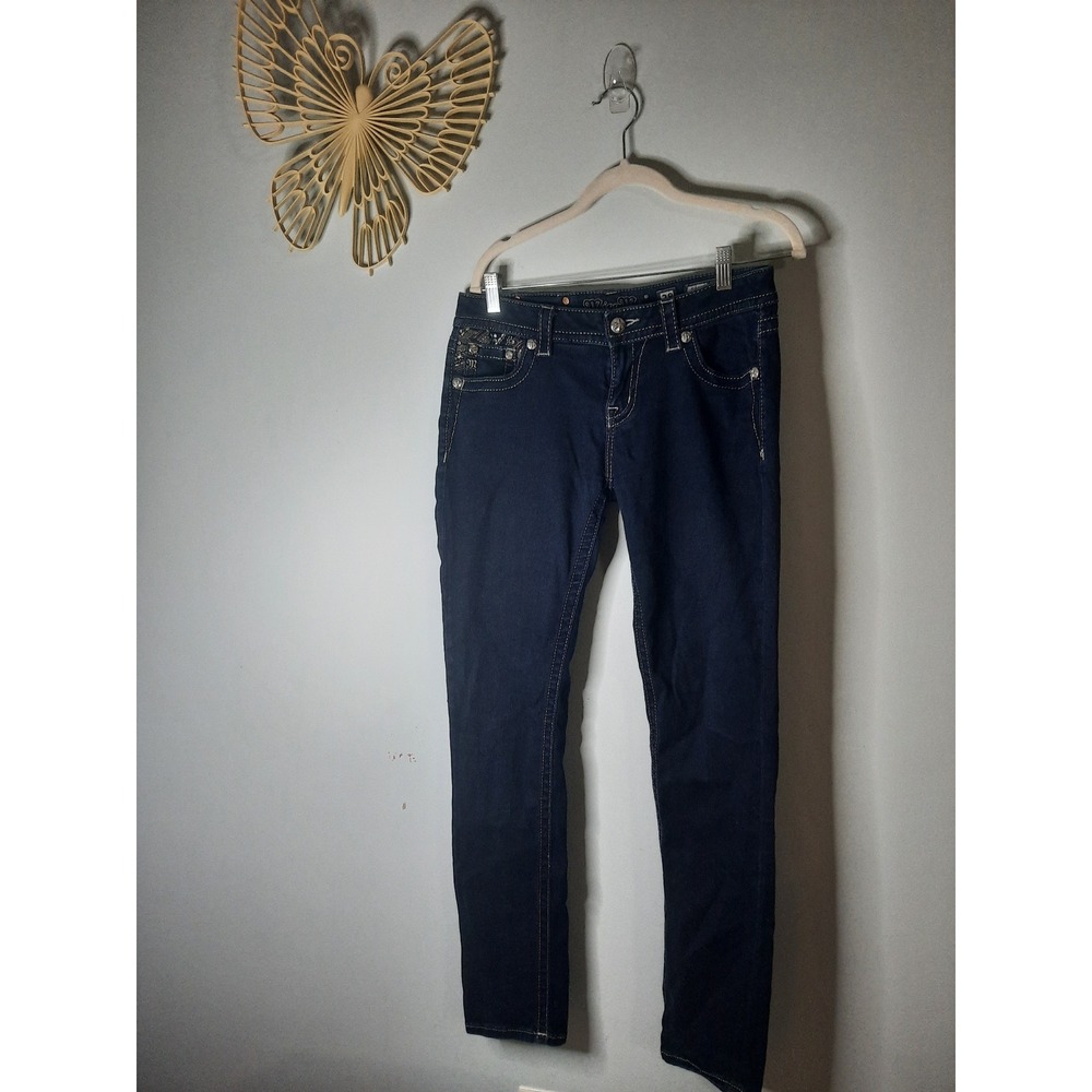 Miss Me Mid Rise Easy Skinny Jeans Dark Wash Embroidered Plaid Pockets Size 28